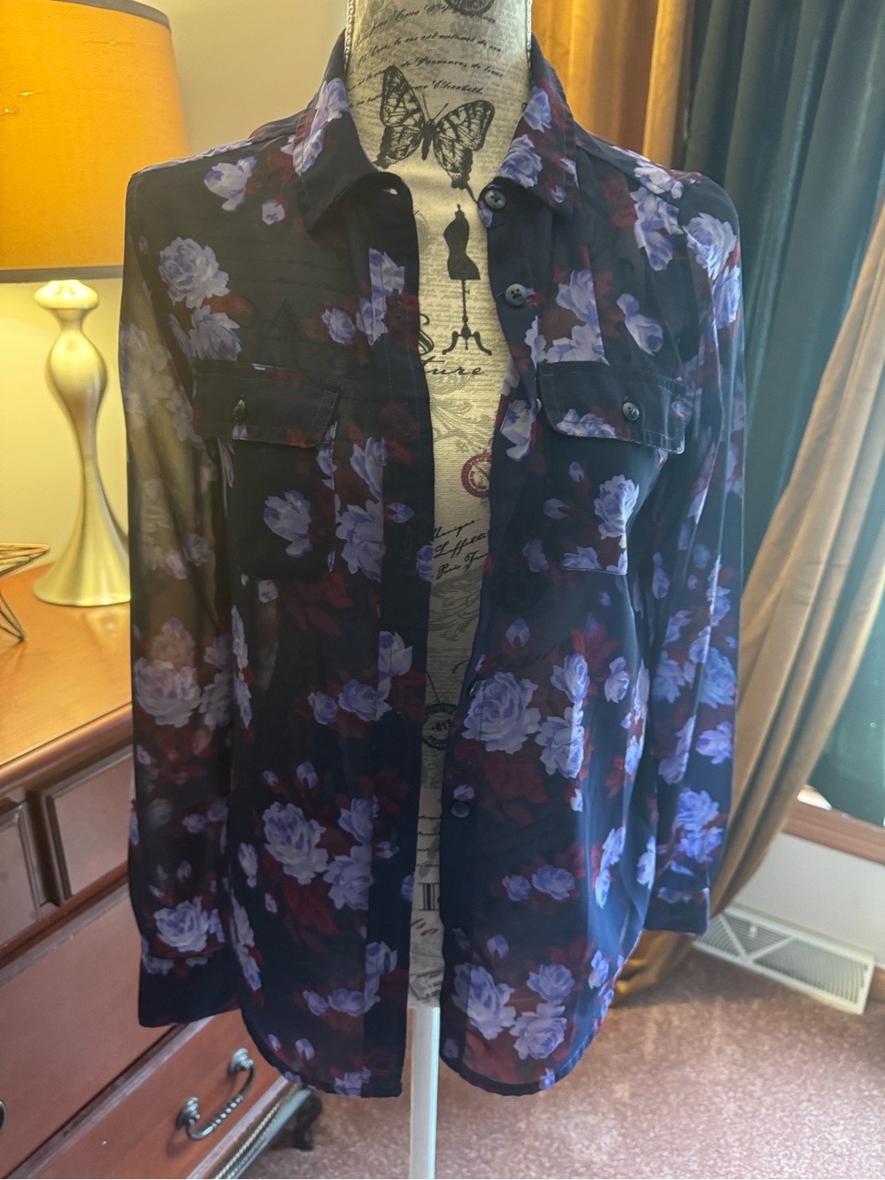 American Eagle Outfitters Black Sheer Floral Button-Up Blouse